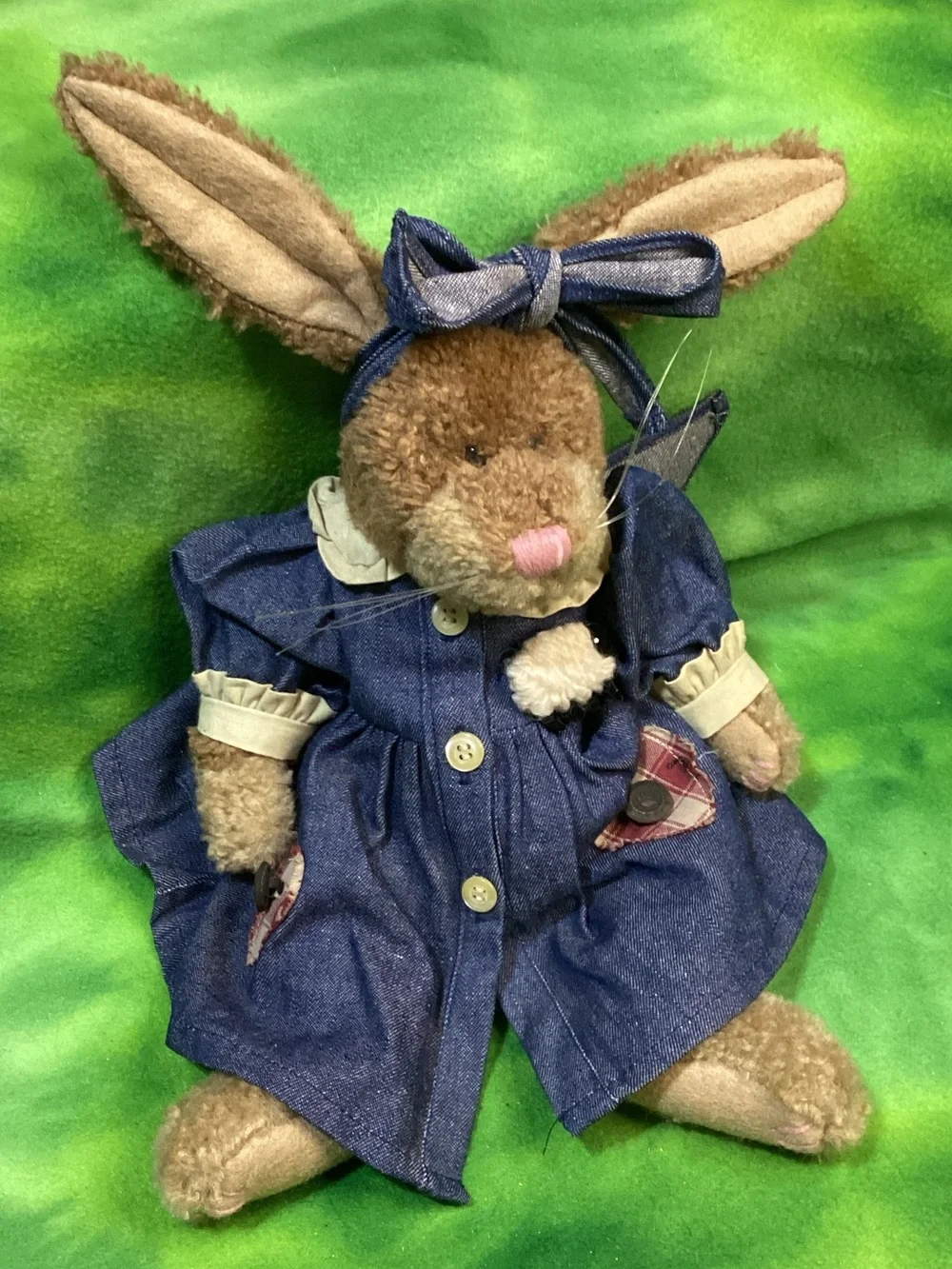 Boyds Bears Lucille Brown Bunny in Blue Denim Dress with Headbow 1998 Plush